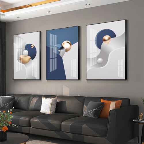 Large Frame Canvas Wall Art Glossy Blue Geometry Modern Living Room (3 Count)