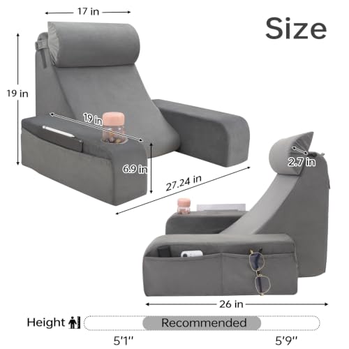 19" Reading Pillow for Bed with Firm Back Support & Big Pockets