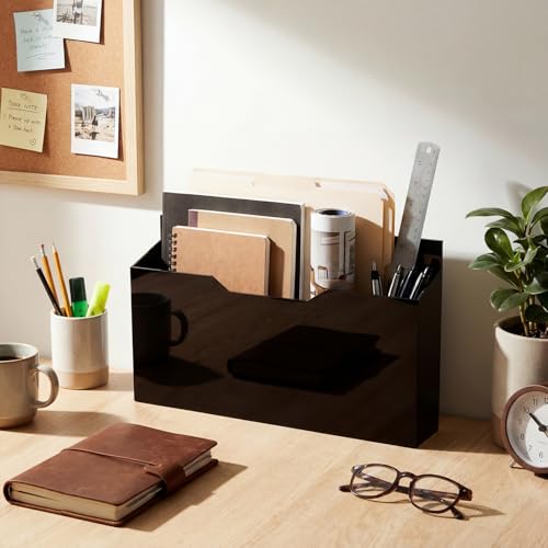 1 Pack 14"x8.3"x2.4" Black Acrylic Wall File Holder Organizer Wall Mount Magazine Document Brochure Mail Pocket Durable File Storage with 3 Colors Screw Cap for Office Home Waiting Room Use