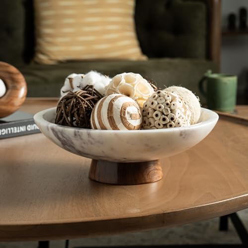 Marble Decorative Bowl with Acacia Wood Pedestal