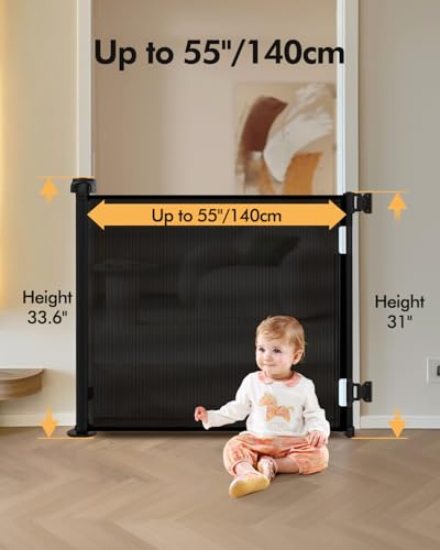 2 Pack) Retractable Baby Gate for Stairs & Doorways,55" Wide x 33.6" Tall Easy Installation Mesh Dog Gate for Indoor & Outdoor Use,Pet and Dog Safety Gate for Hallways(Black) (2 Count)