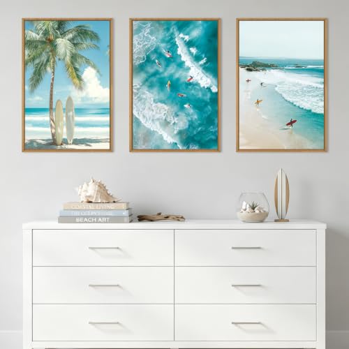 Extra Large Surfing Tropical Beach Framed Wall Art 24x36 Inch Blue Summer Coastal Canvas Wall Decor Surfboard Seaside Tree Landscape Art Print for Living Room Bedroom Set of 3