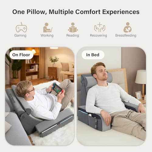25" Reading Pillow for Bed with XL Side Pockets for Tall Adults