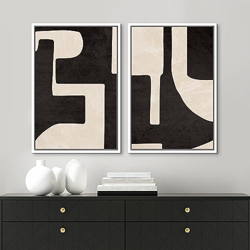 Framed Canvas Print Wall Art Black & White Geometric Paint Stroke Decor Abstract Nature Illustration Modern Art Decorative Multicolor Geometric Minimal for Bedroom