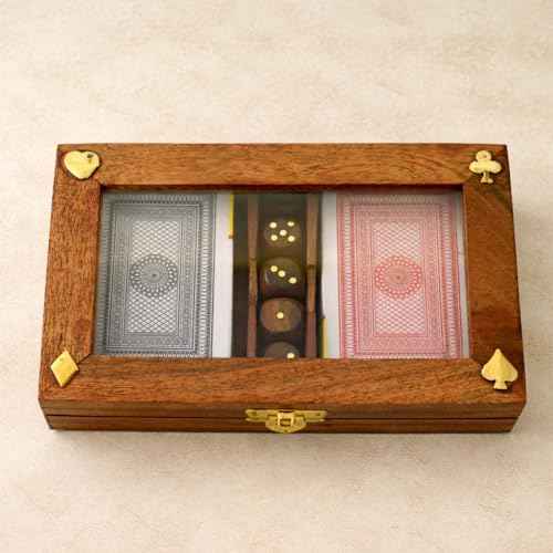 Playing Cards Set of 2 in Handmade Wooden Storage Box Case Holder with 5 Dice in Antique Design Anniversary Birthday Gifts "Made in India"