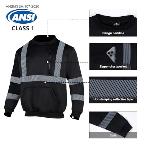 Hi Vis Safety Sweatshirts for Men Reflective ANSI Class 3 High Visibility Construction Work Crew Sweatshirt No Hood