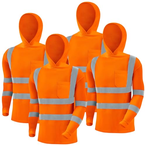 4 Pcs Reflective Safety T Shirt High Visibility Work Shirts with Hood Sun Protection Construction (4 Count)