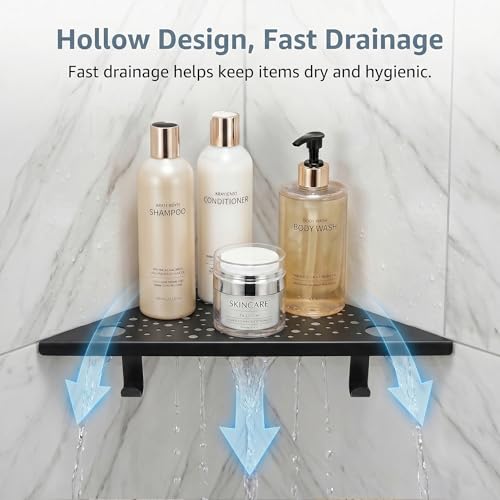 Matte Black Corner Shower Shelves with Hooks and Razor Holes (2 Count)