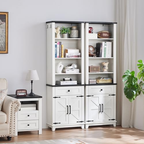 72in Tall Bookshelf 7 Tier Bookcase with Drawer and Barn Doors and Adjustable Shelves (4 Count)