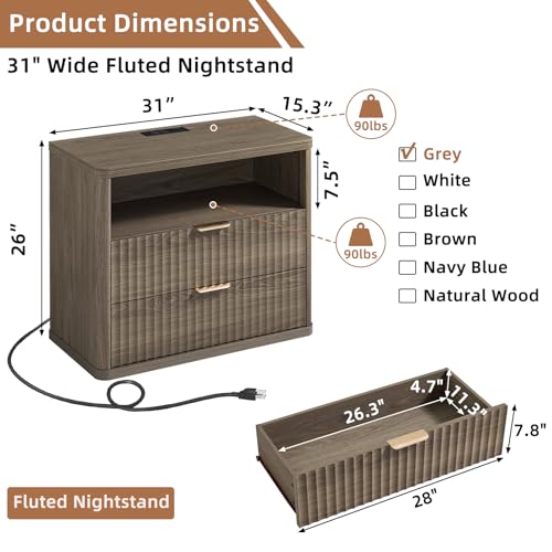 31" Wide Fluted Nightstand with Charging Station