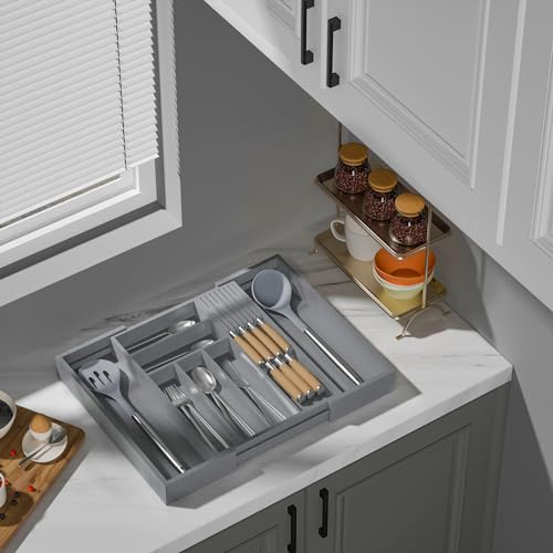 Expandable Bamboo Silverware Drawer Organizer Kitchen Tray
