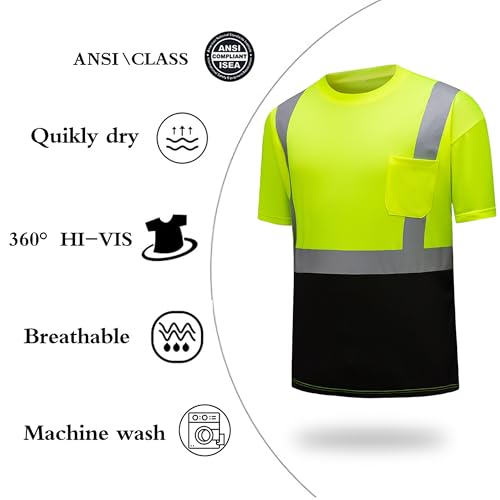 High Visibility Shirts Quick Dry Safety T Shirts with Reflective Strips and Pocket Short Sleeve Mesh Hi Vis Construction Work Class 2 Shirt for Men