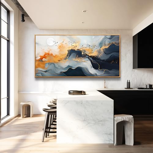 Framed Wall Art Abstract Large Canvas Picture Marble Fluid Art with Gold Foil Moon & Bird Design Home Decor for Living Room Bedroom Hotel Office Wall Decorative Artwork Ready to Hang 24x48