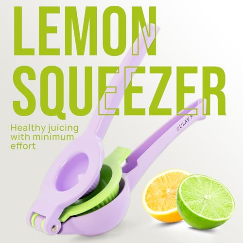 Metal 2-in-1 Lemon Squeezer - Sturdy Max Extraction Hand Juicer Lemon Squeezer Gets Every Last Drop - Easy to Clean Manual Citrus Juicer - Easy-Use Lemon Juicer Squeezer - Purple/Lime