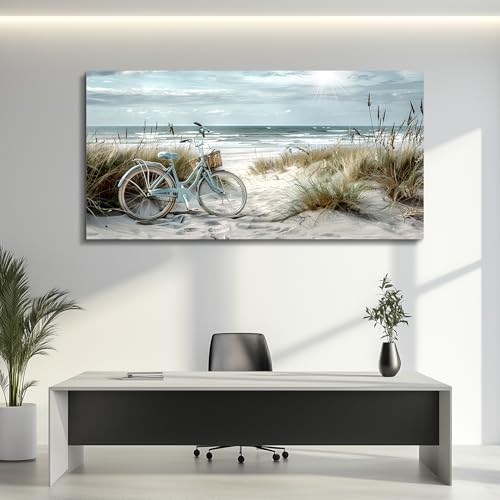 Wall Art For Living Room Canvas Decor For Bedroom Modern Office Decorations Blue Beach Bicycle Seascape Paintings Ocean Landscape Pictures Artwork Ready To Hang Home Decor