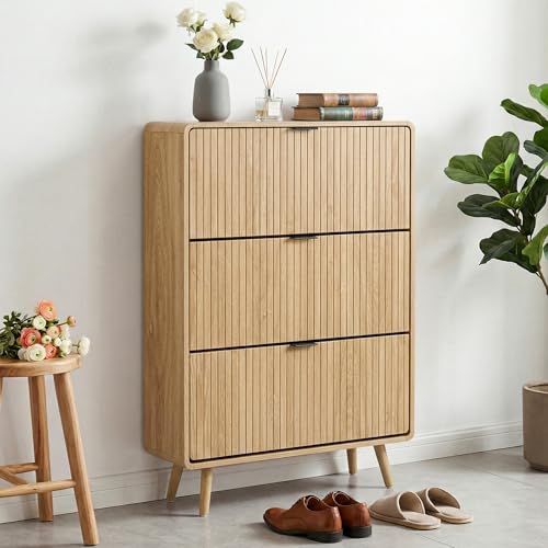 Fluted Shoe Storage Cabinet with 3 Flip Drawers