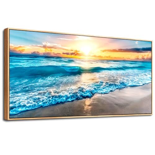 Large Canvas Wall Art For Living Room Wood Framed Wall Decor For Bedroom Blue Beach Seascape Wall Paintings Modern Office Decorations Home Decor Poster Artwork Ready to Hang Wall Pictures