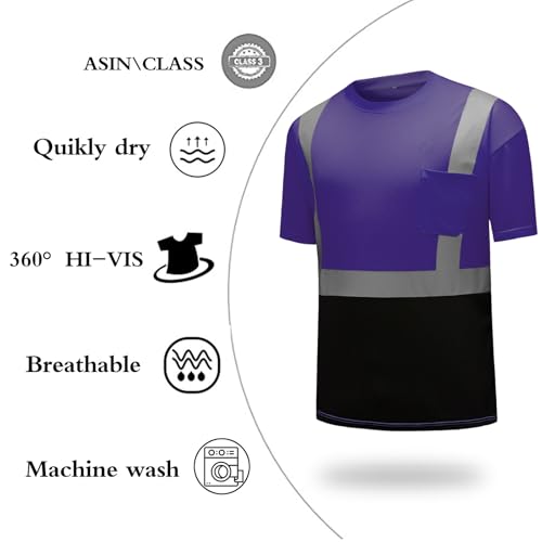 High Visibility Shirts Quick Dry Safety T Shirts with Reflective Strips and Pocket Short Sleeve Mesh Hi Vis Construction Work Class 2 Shirt for Men