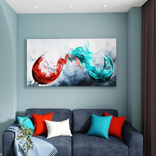 Dining Room Wall Art Wine Glass Canvas Wall Pictures Kitchen Art Wall Decor Blue & Red Wine Cups Painting Modern Wall Art for Living Room Office Artwork Wall Decor 24x48IN