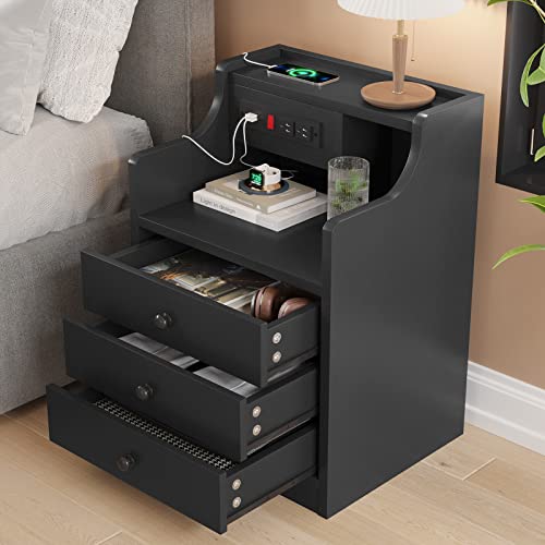 Black Nightstand with Charging Station & Drawers