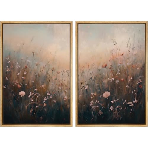 Framed Canvas Print Wall Art Forest and Lake Landscape Vintage Nature Scenery Illustrations Modern Art Decorative Bohemian Chic for Living Room (2 Count)