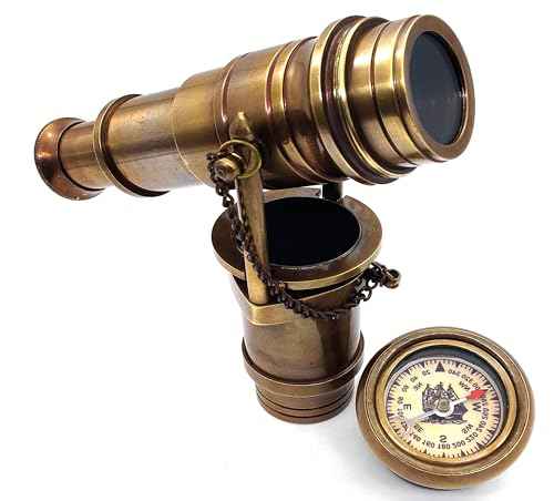 s Brass Walking Stick with Vintage Handle Victorian Telescope with Compass Head Foldable Steampunk Accessories Wooden Cane for Men and Women