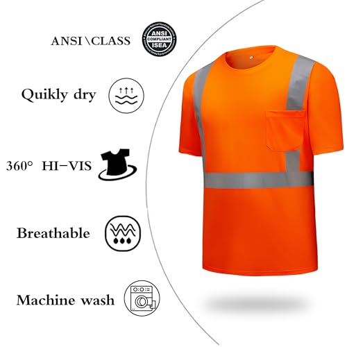High Visibility Shirts Quick Dry Safety T Shirts with Reflective Strips and Pocket Short Sleeve Mesh Hi Vis Construction Work Class 2 Shirt for Men