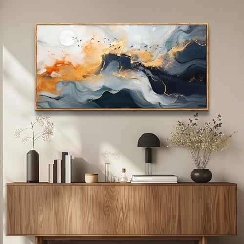 Framed Wall Art Abstract Large Canvas Picture Marble Fluid Art with Gold Foil Moon & Bird Design Home Decor for Living Room Bedroom Hotel Office Wall Decorative Artwork Ready to Hang 24x48