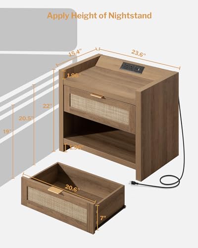 Rattan Night Stand Bedside Table with Large Drawer & Open Shelf