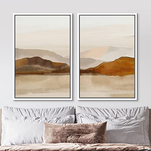 Framed Canvas Print Wall Art Pastel Brown Mountain Range Ocean Lake Wilderness Nature Illustrations Modern Art Decorative Calm (2 Count)