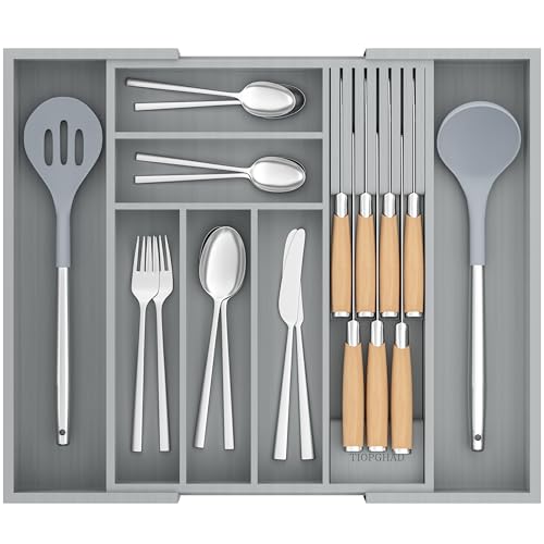 Expandable Bamboo Silverware Drawer Organizer Kitchen Tray