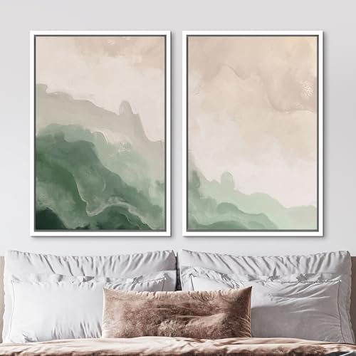 Framed Canvas Print Wall Art Soft Green and Beige Abstract Calming Watercolor Landscape Illustrations Modern Art Decorative Bohemian Chic for Living Room