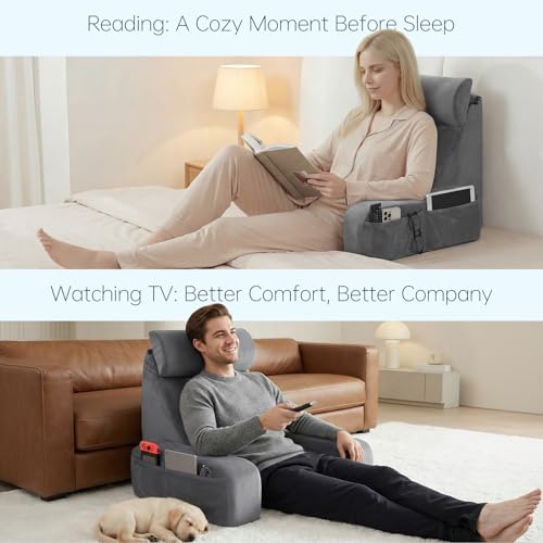 19" Reading Pillow for Bed with Firm Back Support & Big Pockets