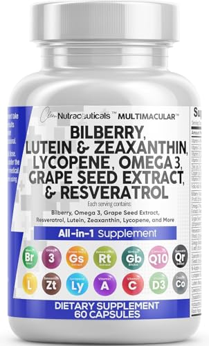 Clean Nutra Eye Vitamins with Bilberry Lutein and Zeaxanthin Supplements Lycopene 40mg Resveratrol Grape Seed Astaxanthin for Eyes (60 Count)