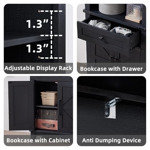 72in Tall Bookshelf 7 Tier Bookcase with Drawer and Barn Doors and Adjustable Shelves (3 Count)