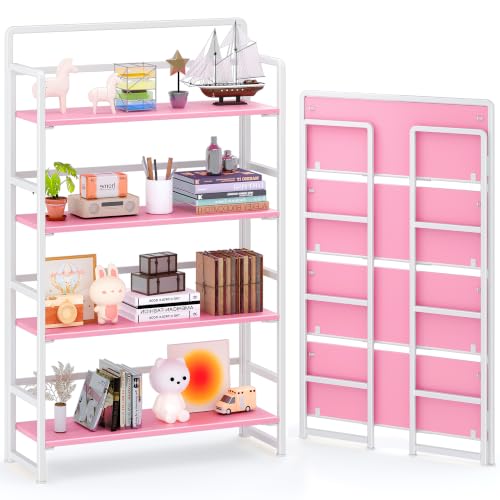 No Assembly Extra Wide 4 Tiers Folding Bookshelf Storage Shelves Vintage Bookcase Standing Racks Study Organizer Home Office