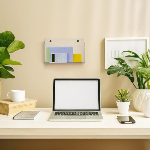 1 Pack 14"x8.3"x2.4" Clear Acrylic Wall File Holder Organizer Wall Mount Magazine Document Brochure Mail Pocket Durable File Storage with 3 Colors Screw Cap for Office Home Waiting Room Use