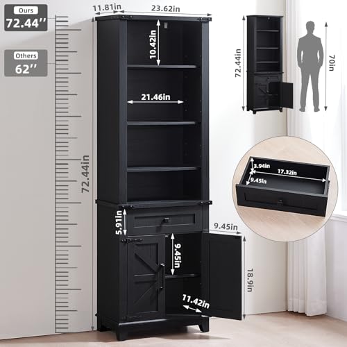 72in Tall Bookshelf 7 Tier Bookcase with Drawer and Barn Doors and Adjustable Shelves (3 Count)