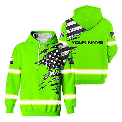 Safety Hoodie Scratch Green US Flag Customize Name High Visibility Hoodie for Men Reflective Workwear for Runners