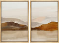 Framed Canvas Print Wall Art Pastel Brown Mountain Range Ocean Lake Wilderness Nature Illustrations Modern Art Decorative Calm (2 Count)