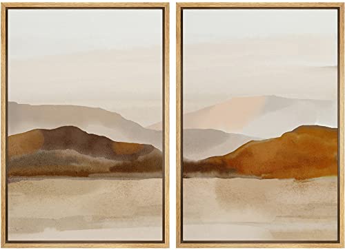 Framed Canvas Print Wall Art Pastel Brown Mountain Range Ocean Lake Wilderness Nature Illustrations Modern Art Decorative Calm (2 Count)