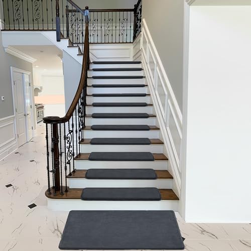 Bullnose Carpet Stair Treads Ultra Plush Dark Gray 7 Pcs (16.6 Sq Ft)