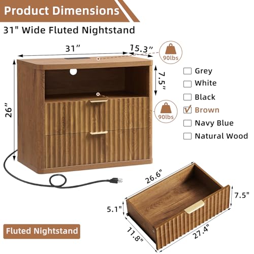 31" Wide Fluted Nightstand with Charging Station