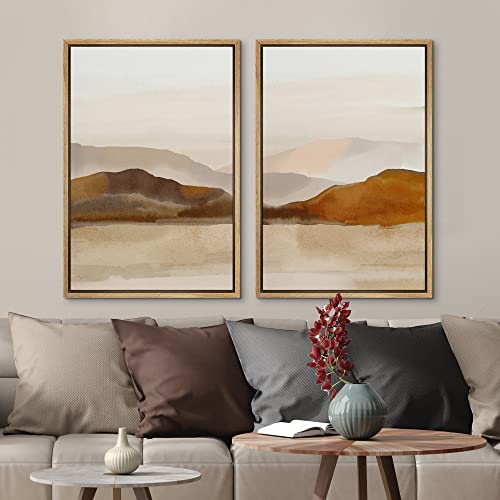 Framed Canvas Print Wall Art Pastel Brown Mountain Range Ocean Lake Wilderness Nature Illustrations Modern Art Decorative Calm (2 Count)