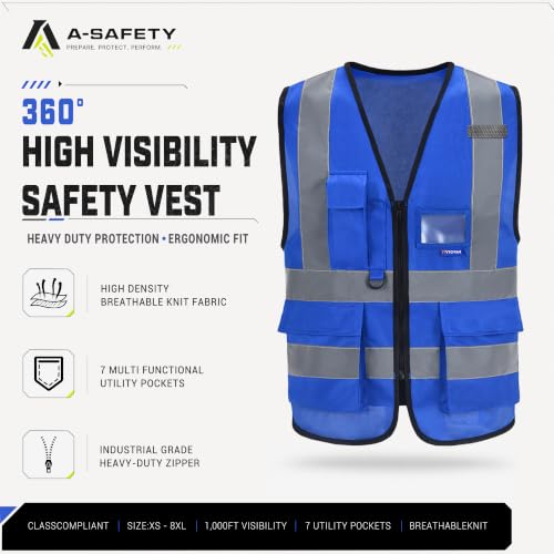 Big and tall Blue high vis Reflective Work Ves 7 Pockets