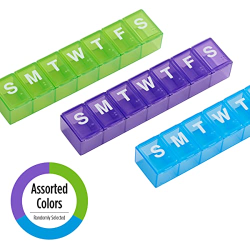 Weekly (7-Day) Daily Pill Case, Medicine Planner, Vitamin Organizer, Supplement Container, Convenient and Easy to Use, Large Compartments, Travel Friendly, Color May Vary, BPA Free