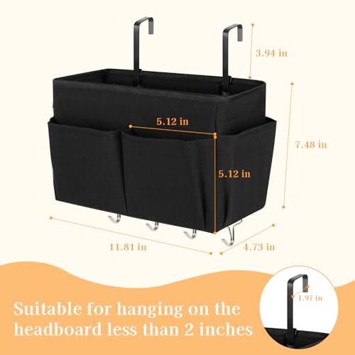 Bedside Caddy Organizer 5 Pockets and 4 Hooks for Bunk Bed Black