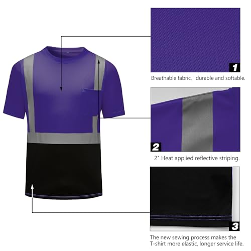 High Visibility Shirts Quick Dry Safety T Shirts with Reflective Strips and Pocket Short Sleeve Mesh Hi Vis Construction Work Class 2 Shirt for Men
