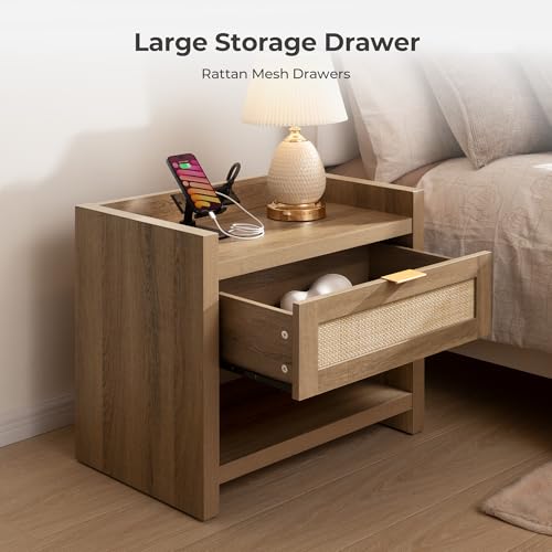 Rattan Night Stand Bedside Table with Large Drawer & Open Shelf