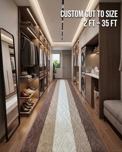 Custom Size Hallway Runner Rug Damask Brown Color 31 inch Wide Select Your Length Non